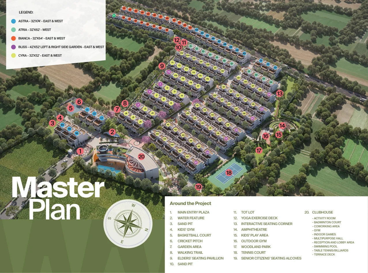 Official master plan of NVT A Wonderful World Eterna showing villa-type layout (Astra, Atria, Bianca, Bliss, Cyra), the clubhouse, tennis court and landscaped amenity zones