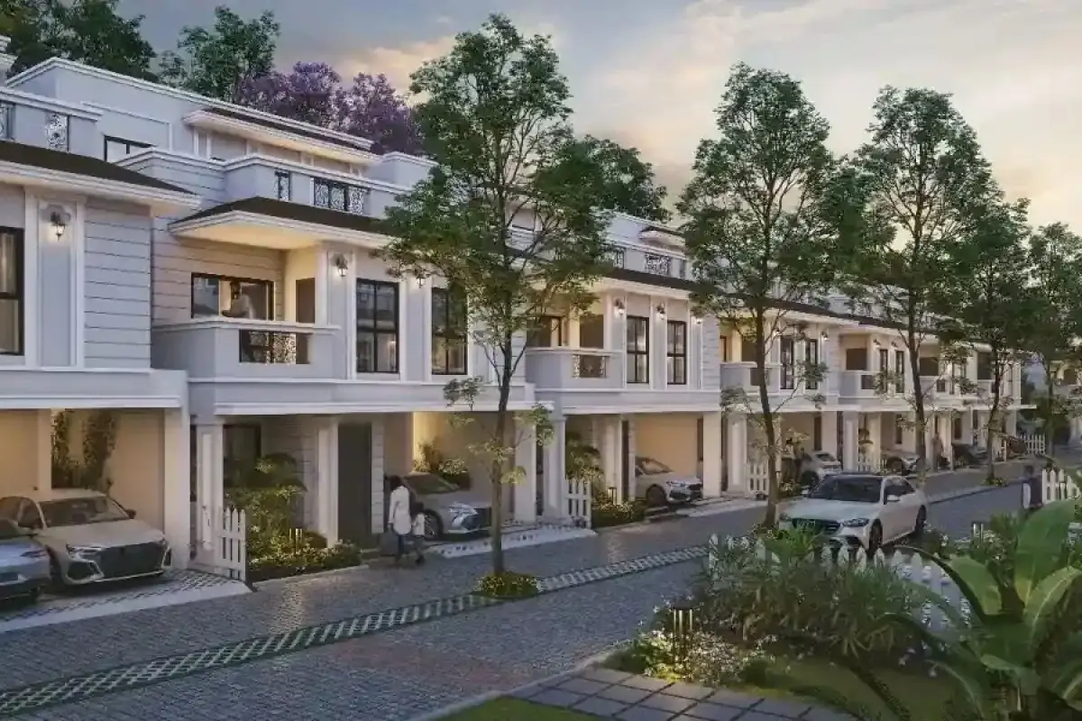 Villa street elevation at twilight